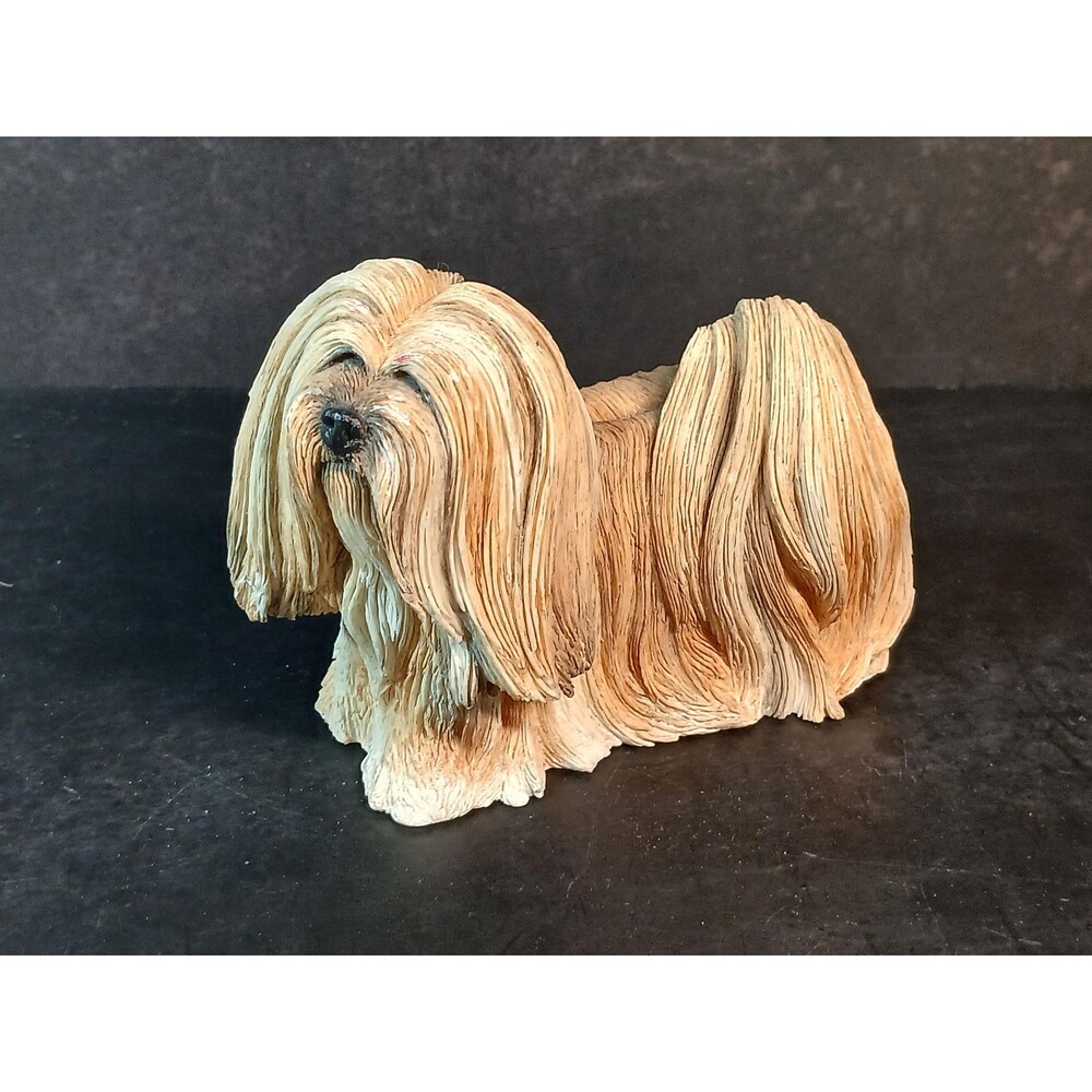 Vintage Lhasa Apso Dog Figurine Resin Long Hair Dog Statue Small Shelf Decor
